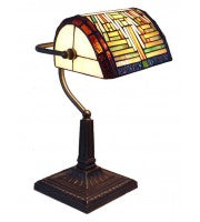 Multi-colour geometric banker lamp.
