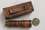 14" Dollond London Etched Brass Telescope Spyglass With Carved leather Box