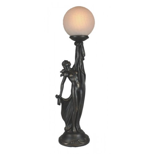Art deco lamp, standing lady upholding crackled glass ball.