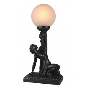 Art deco lamp, Kneeling lady upholding crackled glass ball.