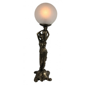 Art Nouveau table lamp. Lady shouldering vase with crackle glass ball.