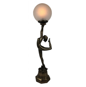 Cold cast bronze art deco table lamp - snake lady upholding crackle glass ball.