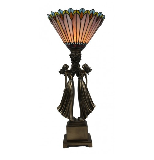 Cold cast bronze art deco table lamp, sisters upholding leadlight pink floral shade.