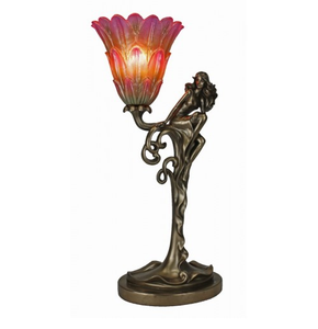 art nouveau style table lamp, lady with pink resin flower lamp.