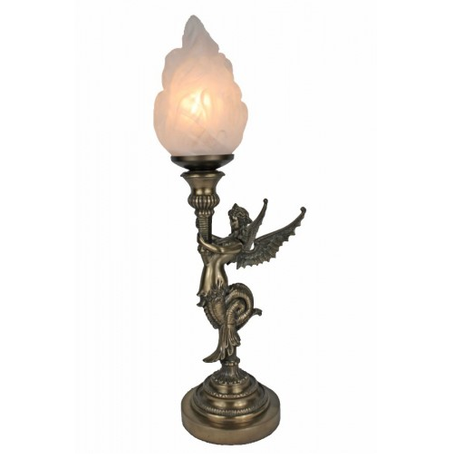 art nouveau table lamp, winged siren with frosted glass torch flame.
