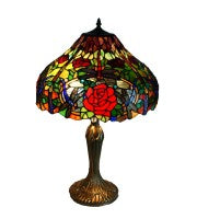 16" dragonfly table lamp, three dragonfly around red rose.