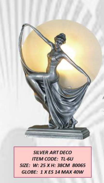 SILVER FINISH ART DECO DANCING LADY TABLE LAMP
